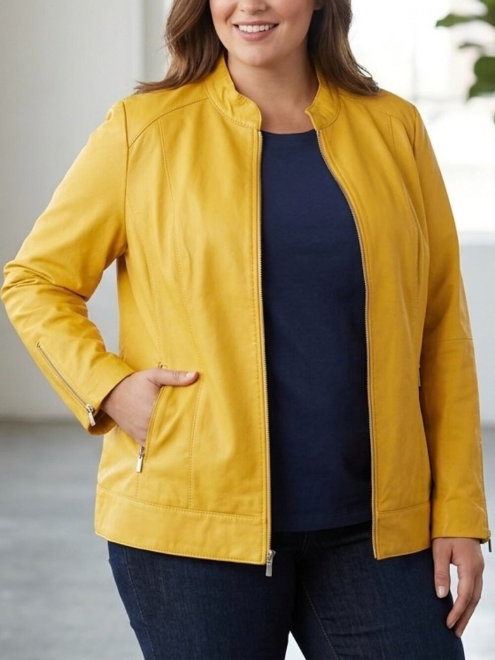 Jessica London 100% Leather Yellow Front Zipper Moto Jacket Size 22 Cafe Racer